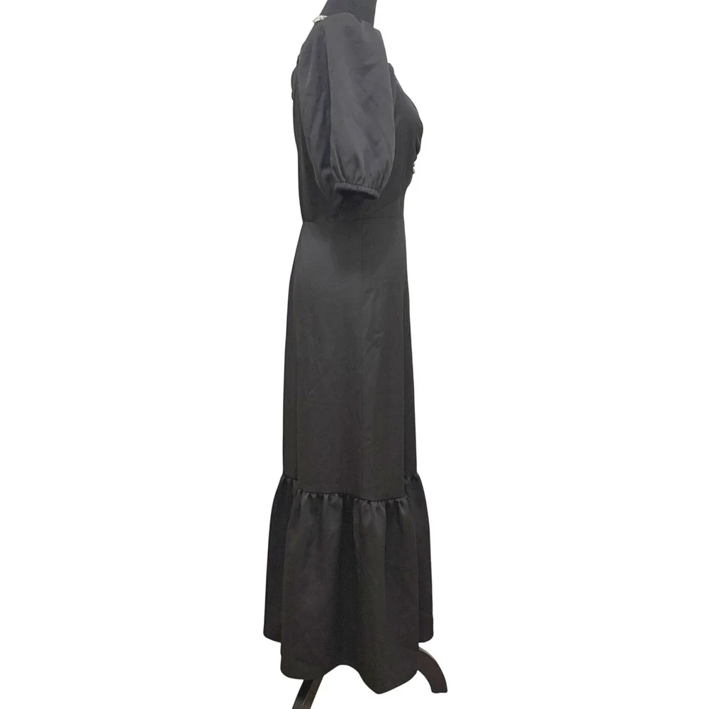 NEW Anne Klein Rhinestone Puff Sleeve Midi Dress Sz 8 Black Ruffle Hem Cocktail